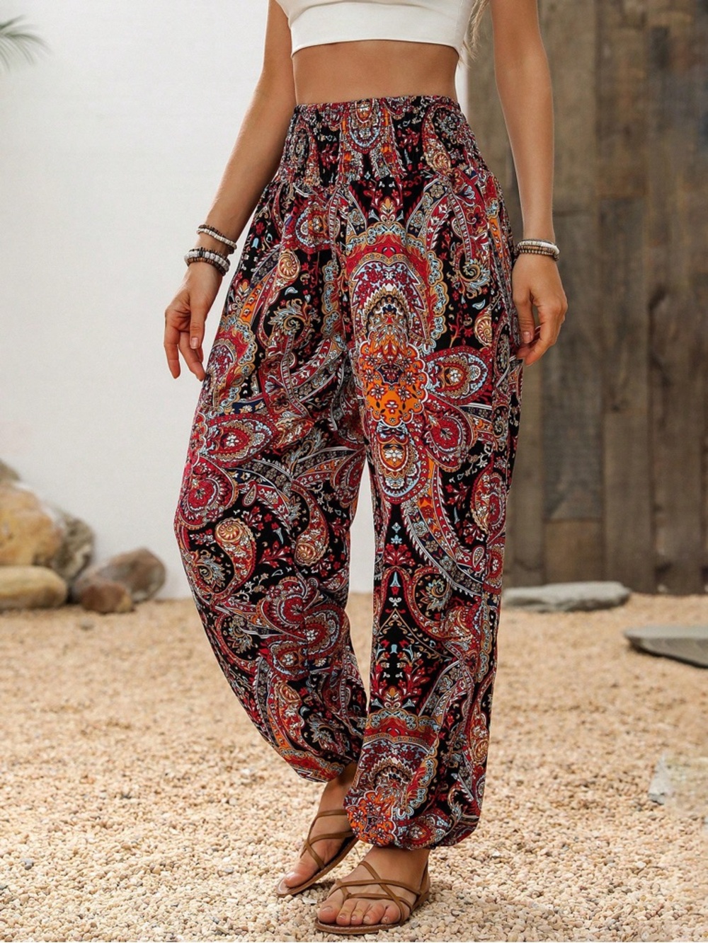 SHEIN Black & Red Paisley Wide-Leg Harem Pants